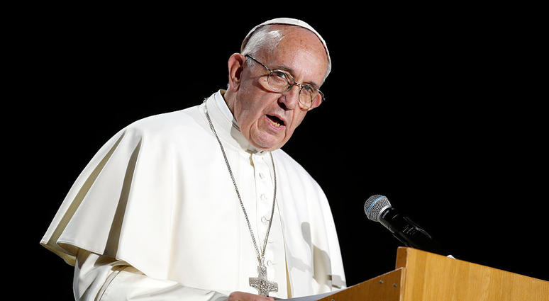 Pope Francis gives a speech during the 'Together in Hope' event at Malmo Arena on October 31, 2016 in Malmo, Sweden. Pope Francis