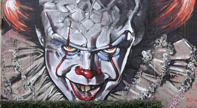 A wall mural of Pennywise the clown from the movie "IT" painted by Scott Marsh is seen on Cleveland street wall in the suburb of Chippendale on August 28, 2017 in Sydney, Australia. IT