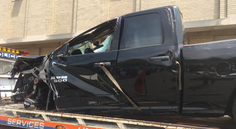 Pick-up truck used by man who was driving with a blood alcohol level more than three times the legal limit when he struck a police officer. DWI Warning