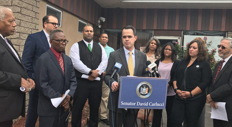 State Sen. David Carlucci and local religious leaders gather to denounce neo-Nazi flyers in Rockland County. Senator David Carlucci