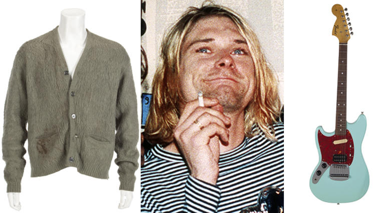 A custom made Fender guitar and olive green cardigan sweater owned by Cobain are among the rock and roll items up for auction on Oct. 25 and 26. Kurt Cobain Auction items