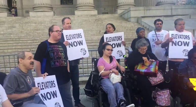 Disability and transportation advocates rallied outside Manhattan federal court ahead of a hearing Tuesday on a lawsuit against the MTA. Disability and transportation advocates MTA rally