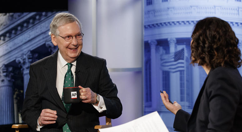 Senate Majority Leader Mitch McConnell of Ky., speaks with Associated Press Washington Bureau Chief Julie Pace during an interview at the Associated Press in Washington, Wednesday, Oct. 10, 2018. Sen. Mitch McConnell, Julie Pace