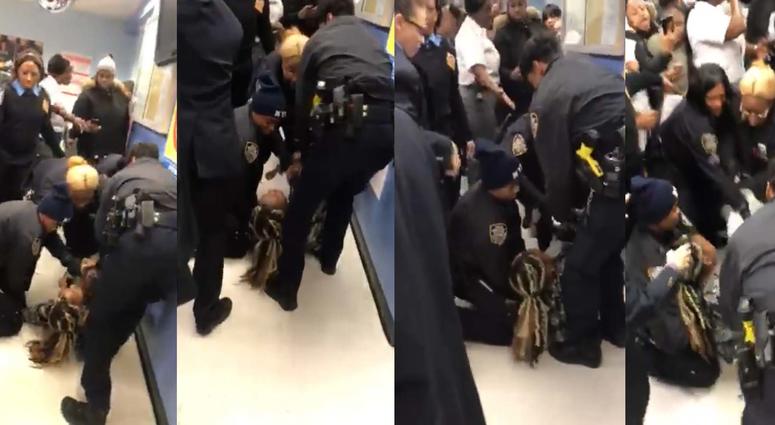 Video shows police tangling with the woman in the food stamp office. NYPD viral baby video