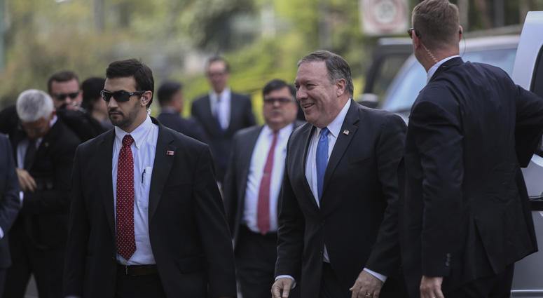 Secretary of State Mike Pompeo, second right, and staff arrive at Los Pinos presidential residence for a visit with Mexico's President Enrique Nieto in Mexico City, Friday, July 13, 2018. Secretary Of State Mike Pompeo In Mexico