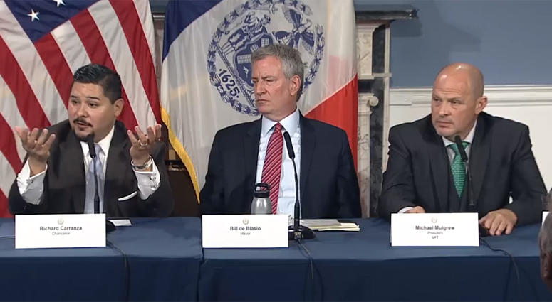 Richard Carranza, Mayor Bill de Blasio and Michael Mulgrew NYC, Teachers Union Reach Tentative 43-Month Deal
