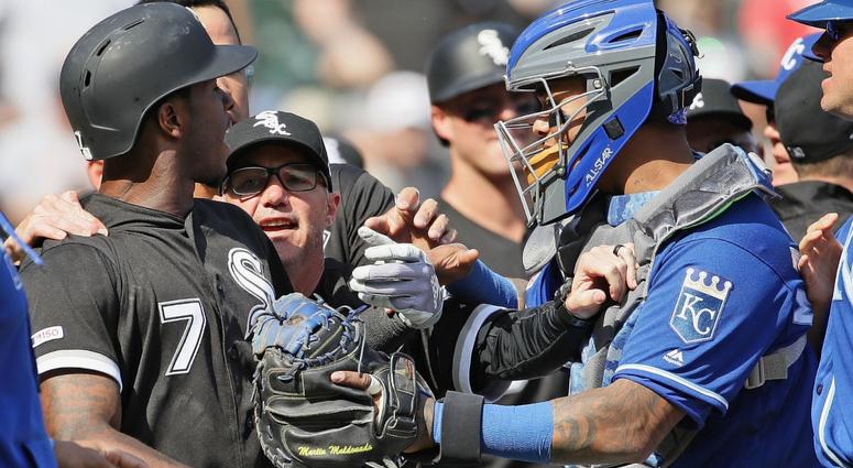 Tim Anderson White Sox Royals Tim Anderson of the Chicago White Sox argues with the Kansas City Royals after getting hit by a pitch.