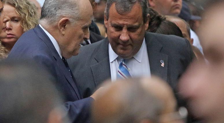 Former NYC mayor Rudy Giuliani and former NJ governor Chris Christie prior to the ceremonies at the National September 11 Memorial
