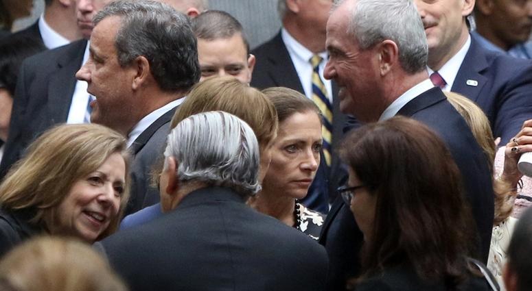 Former New Jersey governor Chris Christie and present New Jersey governor Phil Murphy prior to the ceremonies at the National September 11 Memorial