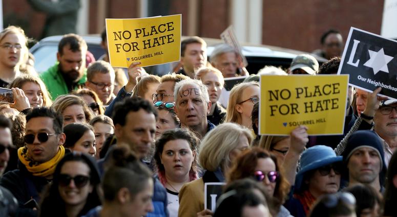 Over a thousand protesters march through the Squirrel Hill Neighborhood of Pittsburgh during the Stand together in solidarity with the Pittsburgh Jewish Community.
