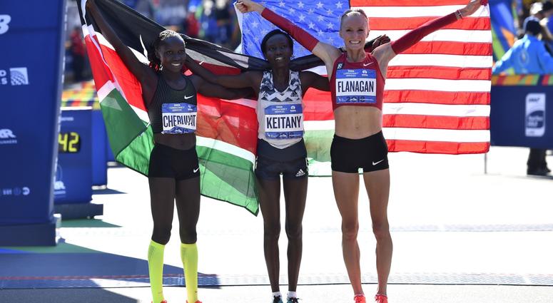 From left, Vivian Cheruiyot, Mary Keitany and Shalane Flanagan pose for a photo after the professional women's division 2018 TCS New York City Marathon. Keitany won the race. NYC Marathon