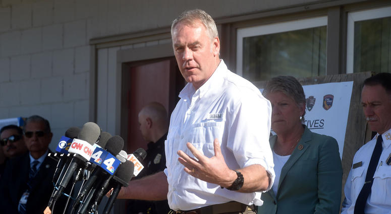 U.S. Interior Secretary Ryan Zinke speaks at a joint press conference with California Gov. Jerry Brown on Thursday to discuss the Woolsey and Hill fires at Freedom Park in Camarillo. Ryan Zinke