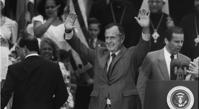 President George H.W. Bush speaks to the crowd gathered at Three Saints Russian Orthodox Church in Garfield on July 21, 1992. George H.W. Bush