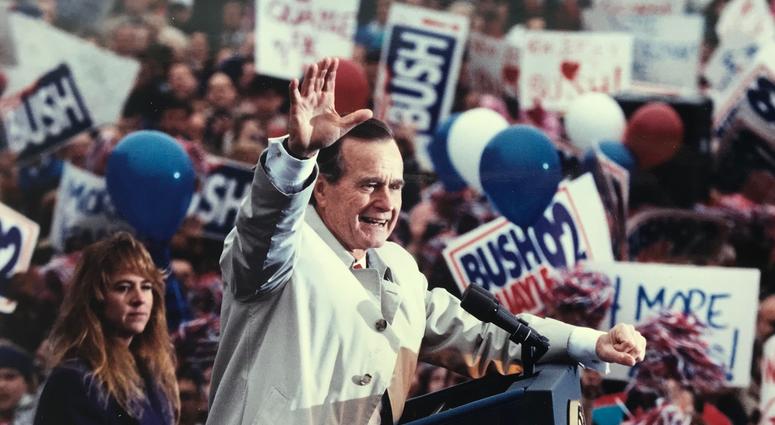 President Bush during a morning rally outside Madison (NJ) Town Hall. George H.W. Bush waves at rally in Madison. George H.W. Bush