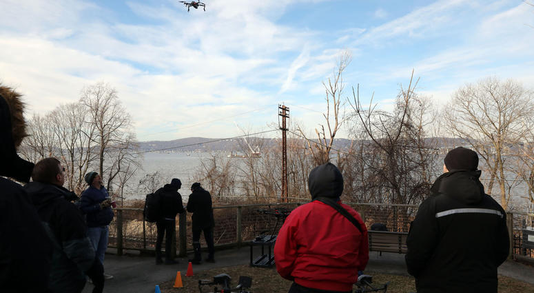 Drone photographers at the Riverwalk for the demolition of the eastern portion of the Tappan Zee Bridge Jan. 15, 2019 in Tarrytown. Tappan Zee Demolition