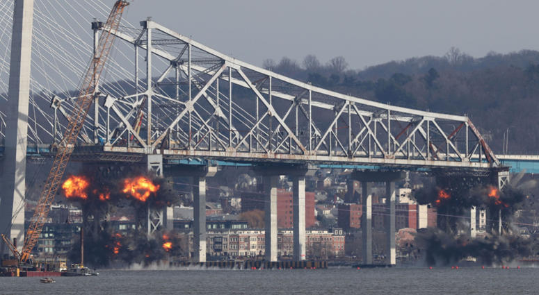 Demolition of the eastern structure of the Tappan Zee Bridge is taken down with controlled explosives on Tuesday, January 15, 2019. Tappan Zee Demolition