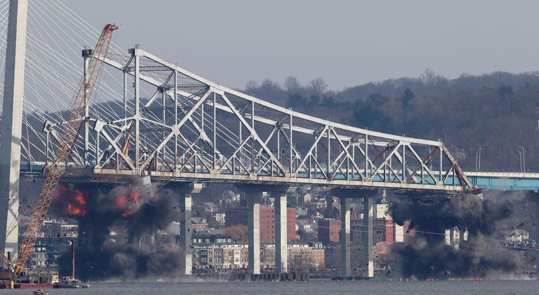 Demolition of the eastern structure of the Tappan Zee Bridge is taken down with controlled explosives on Tuesday, January 15, 2019. Tappan Zee Demolition
