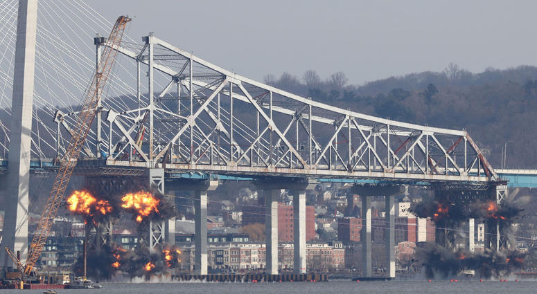 Demolition of the eastern structure of the Tappan Zee Bridge is taken down with controlled explosives on Tuesday, January 15, 2019. Tappan Zee Demolition