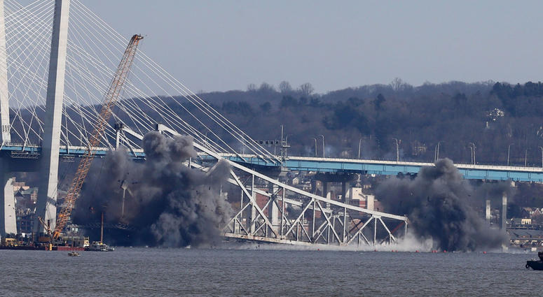 Demolition of the eastern structure of the Tappan Zee Bridge is taken down with controlled explosives on Tuesday, January 15, 2019 Tappan Zee Demolition