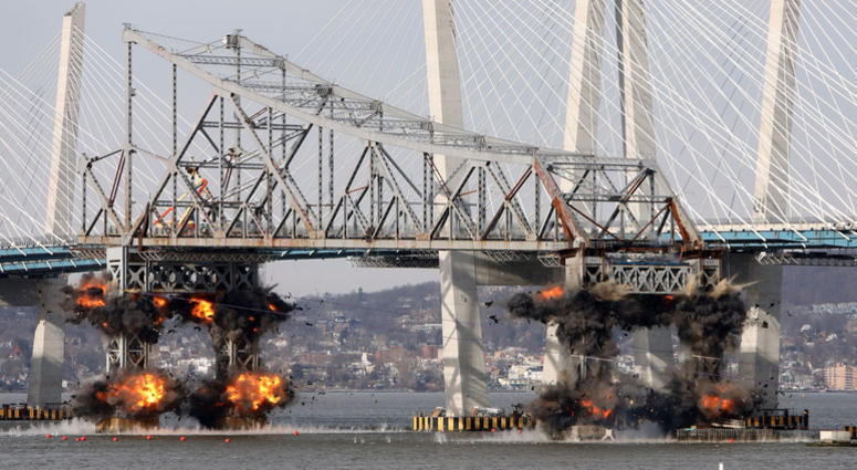 The eastern portion of the Tappan Zee Bridge is imploded with explosive devices Jan. 15, 2019 as seen from Tarrytown. Tappan Zee