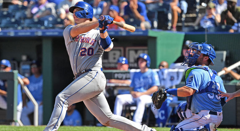New York Mets first baseman Pete Alonso (20) hits a solo home run during the ninth inning against the Kansas City Royals at Kauffman Stadium. New York Mets first baseman Pete Alonso (20) hits a solo home run during the ninth inning against the Kansas City Royals at Kauffman Stadium.