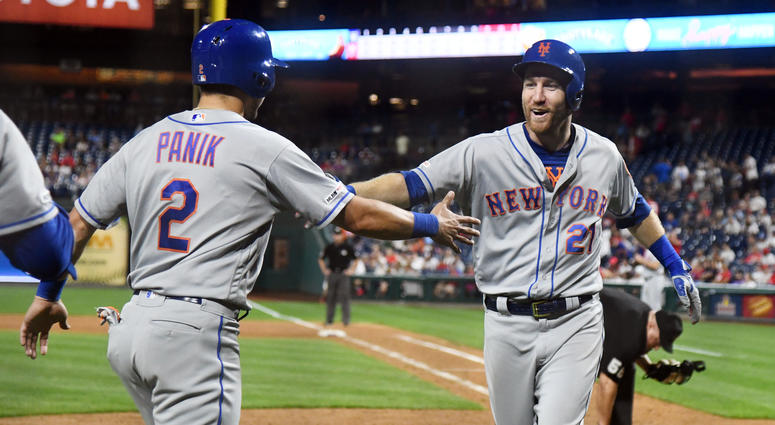 New York Mets third baseman Todd Frazier (21) celebrates with second baseman Joe Panik (2) after hitting a three run home run in the ninth inning against the Philadelphia Phillies at Citizens Bank Park Mets Phillies