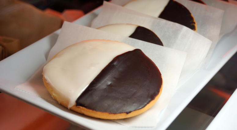 Black and white cookies at a bakery in NYC. black and white cookies