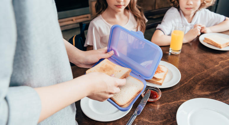 A mother packs school lunches for children School Lunch