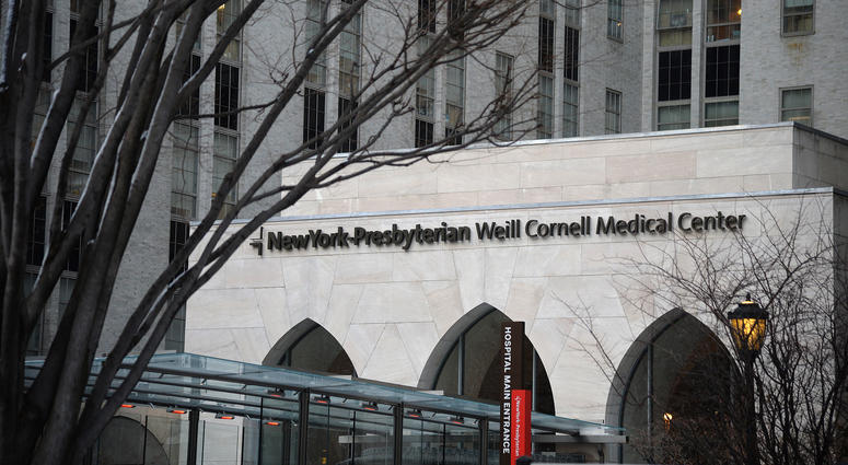 Exterior view of the main entrance of New York-Presbyterian Weill Cornell Medical Center. New York-Presbyterian Weill Cornell Medical Center