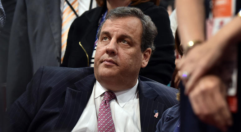 New Jersey Governor Chris Christie sits with his state's delegates as he listens to Ted Cruz speak during the third day session of the Republican National Convention at the Quicken Loans Arena in Cleveland, OH, on July 20, 2016. Chris Christie