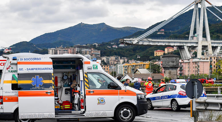 Photo taken on Aug. 14, 2018 shows a partially collapsed bridge in Genoa, Italy. Built in the 1960s, the Morandi Bridge is a major connection for the port city of Genoa. Italy Bridge Collapse