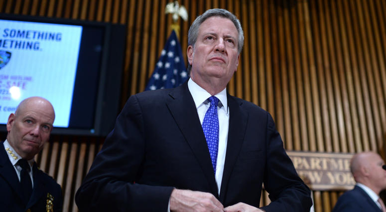 New York City Mayor Bill de Blasio attends a press conference regarding package bomb investigation held at One Police Plaza in New York, NY, October 25, 2018. Mayor Bill de Blasio