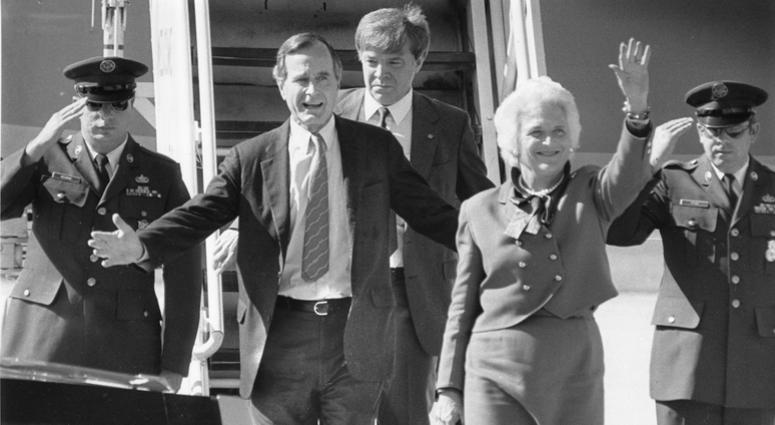 George H.W. Bush and wife, Barbara, arrive at Meacham Airport in Fort Worth, Texas, on November 5, 1984. George H.W. Bush