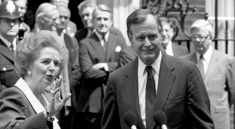 File photo dated 1/6/1989 of Prime Margaret Thatcher and George H.W. Bush outside 10 Downing Street. George HW Bush
