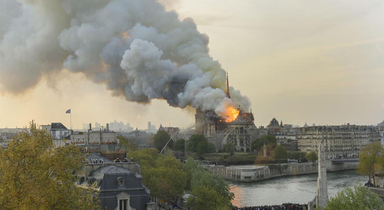 Fire enveloped Notre Dame Cathedral this evening. Paris Notre Dame on Fire