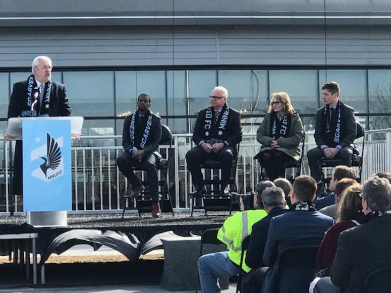 Minnesota United FC owner Bill McGuire is joined at the opening of Allianz Field by St. Paul Mayor Melvin Carter, Minnesota Governor Tim Walz, Lieutenant Governor Peggy Flanagan, and Minneapolis Mayor Jacob Frey