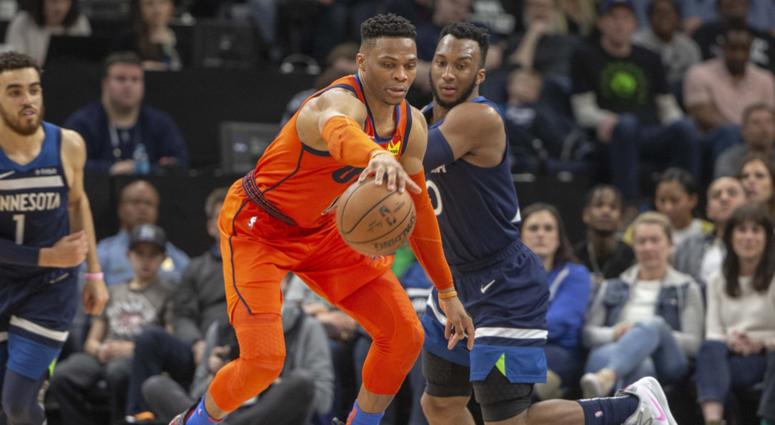 Russell Westbrook hustles past Josh Okogie Josh Okogie and Russell Westbrook