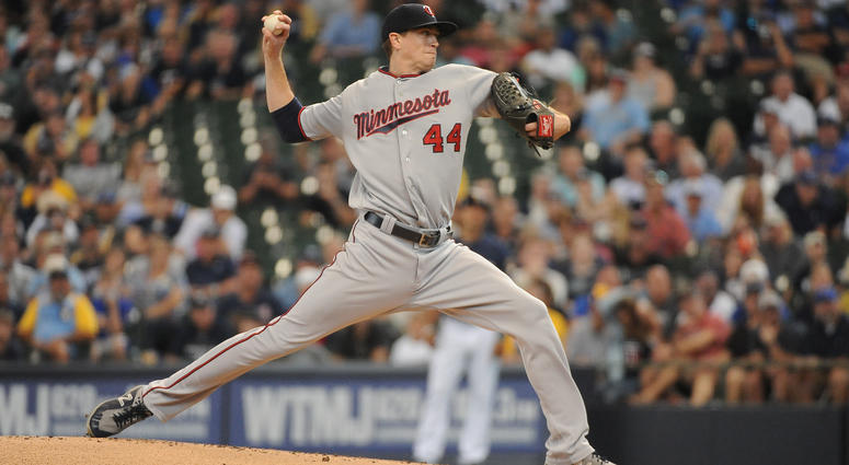 Aug 14, 2019; Milwaukee, WI, USA; Minnesota Twins starting pitcher Kyle Gibson (44) delivers a pitch against the Milwaukee Brewers in the first inning at Miller Park.