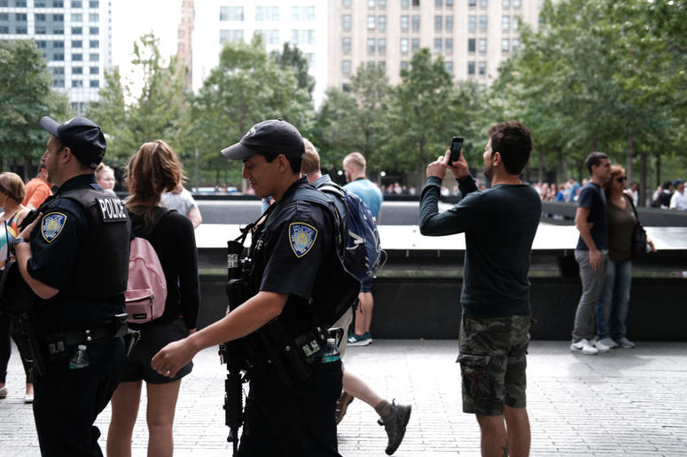 Police patrol on the grounds of the September 11 Memorial and Museum on September 05, 2019 in New York City. New York City is preparing to commemorate the 18th anniversary of the attacks on the World Trade Center in which 2,996 people were killed and over Police patrol on the grounds of the September 11 Memorial and Museum on September 05, 2019 in New York City. New York City is preparing to commemorate the 18th anniversary of the attacks on the World Trade Center in which 2,996 people were killed and over