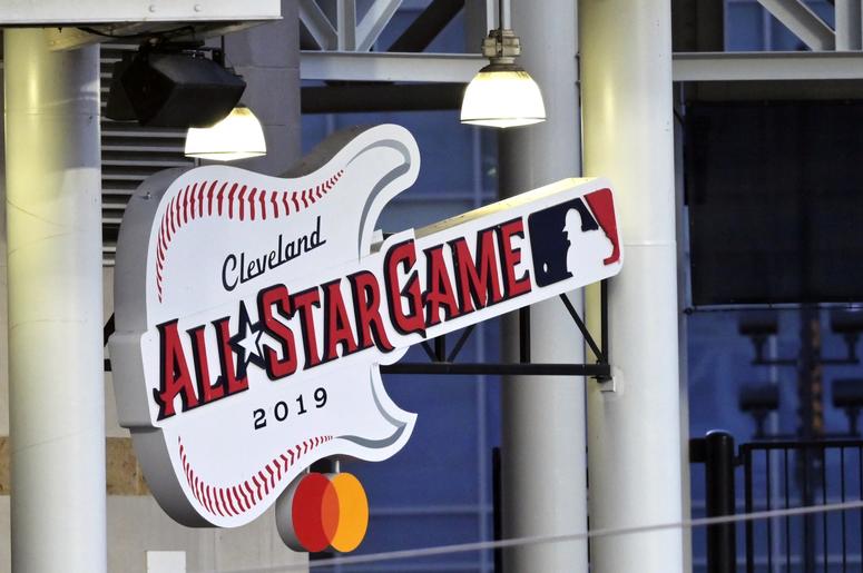 the all-star game logo hanging at Progressive Field the all-star game logo hanging at Progressive Field
