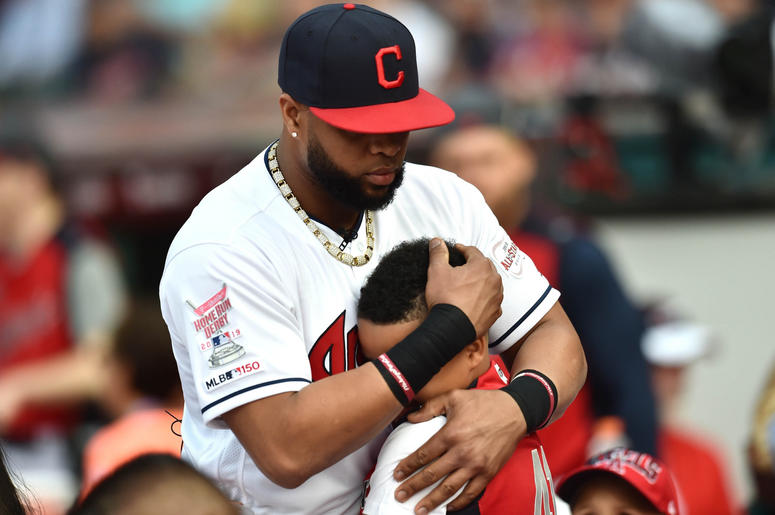 Cleveland Indians first baseman Carlos Santana (41) prior to the 2019 MLB Home Run Derby at Progressive Field. Cleveland Indians first baseman Carlos Santana (41) prior to the 2019 MLB Home Run Derby at Progressive Field.