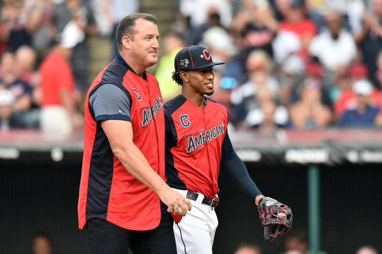 American League infielder Francisco Lindor of the Cleveland Indians hugs Indians former player Jim Thome prior to the 2019 MLB Home Run Derby at Progressive Field. American League infielder Francisco Lindor of the Cleveland Indians hugs Indians former player Jim Thome prior to the 2019 MLB Home Run Derby at Progressive Field.