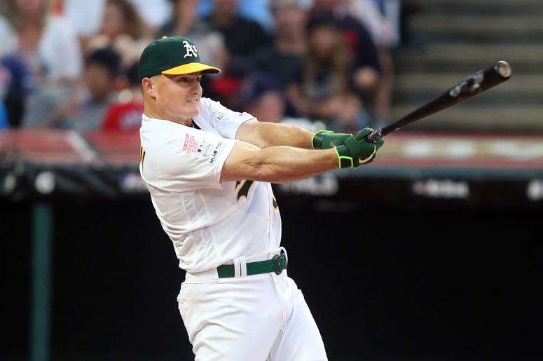 Oakland Athletics third baseman Matt Chapman (26) during the first round in the 2019 MLB Home Run Derby at Progressive Field. Oakland Athletics third baseman Matt Chapman (26) during the first round in the 2019 MLB Home Run Derby at Progressive Field.