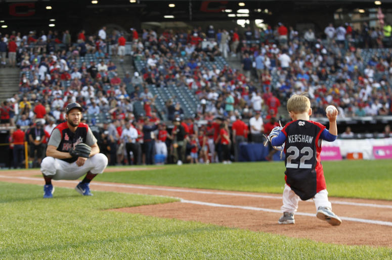National League pitcher Clayton Kershaw of the Los Angeles Dodgers with his son Charley prior to the 2019 MLB Home Run Derby at Progressive Field. National League pitcher Clayton Kershaw of the Los Angeles Dodgers with his son Charley prior to the 2019 MLB Home Run Derby at Progressive Field.