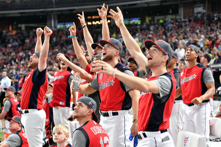 The National League players react in the 2019 MLB Home Run Derby at Progressive Field. The National League players react in the 2019 MLB Home Run Derby at Progressive Field.