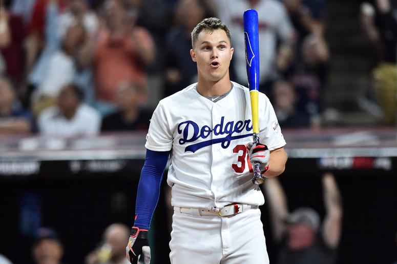 Los Angeles Dodgers outfielder Joc Pederson (31) reacts during the second round in the 2019 MLB Home Run Derby at Progressive Field. Los Angeles Dodgers outfielder Joc Pederson (31) reacts during the second round in the 2019 MLB Home Run Derby at Progressive Field.