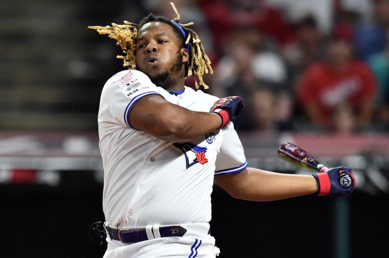 Toronto Blue Jays third baseman Vladimir Guerrero Jr. (27) during the final round in the 2019 MLB Home Run Derby at Progressive Field. Toronto Blue Jays third baseman Vladimir Guerrero Jr. (27) during the final round in the 2019 MLB Home Run Derby at Progressive Field.