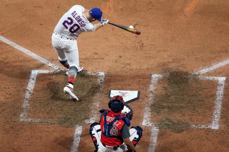 New York Mets first baseman Pete Alonso (20) during the second round in the 2019 MLB Home Run Derby at Progressive Field. New York Mets first baseman Pete Alonso (20) during the second round in the 2019 MLB Home Run Derby at Progressive Field.