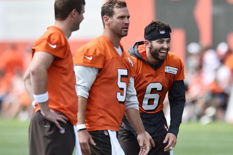 Cleveland Browns quarterback Baker Mayfield (6) laughs with quarterback Drew Stanton (5) and quarterback Garrett Gilbert (3) during training camp at the Cleveland Browns Training Complex. Cleveland Browns quarterback Baker Mayfield (6) laughs with quarterback Drew Stanton (5) and quarterback Garrett Gilbert (3) during training camp at the Cleveland Browns Training Complex.