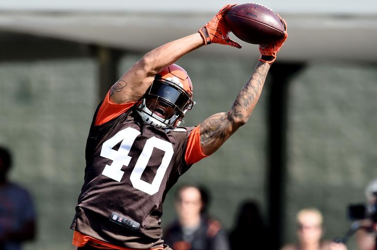 Cleveland Browns defensive back Tigie Sankoh (40) catches a pass during training camp at the Cleveland Browns Training Complex Cleveland Browns defensive back Tigie Sankoh (40) catches a pass during training camp at the Cleveland Browns Training Complex